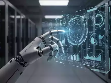 Eine humanoide Roboterhand interagiert mit einer holografischen Schnittstelle, Symbol für fortschrittliche verkörperte KI und Robotik-Grundlagenmodelle. - Foto: über boerse-global.de