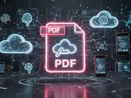 Stilisiertes PDF-Symbol umgeben von abstrakten digitalen Elementen für KI, Cloud-Computing und mobile Geräte. - Foto: über boerse-global.de