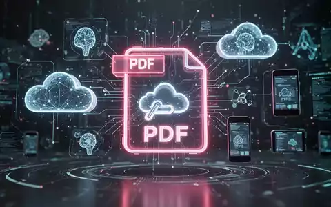 Stilisiertes PDF-Symbol umgeben von abstrakten digitalen Elementen für KI, Cloud-Computing und mobile Geräte. - Foto: über boerse-global.de