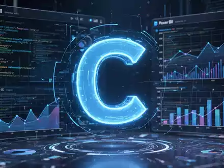 Stilisierte blaue 'C' für Copilot in einem holografischen Power BI-Dashboard mit abstrakten Datenvisualisierungen. - Foto: über boerse-global.de