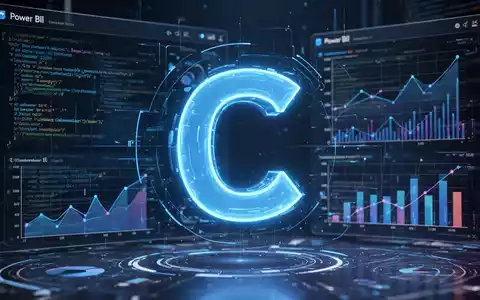Stilisierte blaue 'C' für Copilot in einem holografischen Power BI-Dashboard mit abstrakten Datenvisualisierungen. - Foto: über boerse-global.de