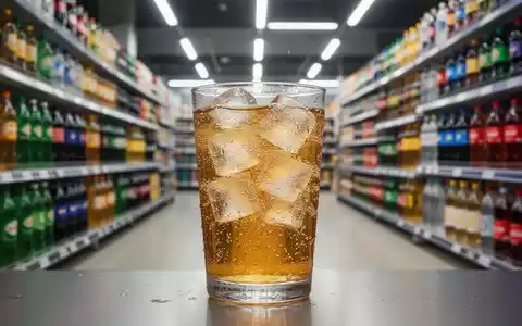 Ein Glas mit einem zuckerhaltigen Erfrischungsgetränk und Eiswürfeln, im Hintergrund unscharfe Supermarktregale. - Foto: über boerse-global.de