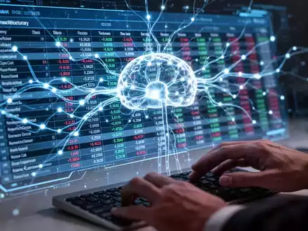 Eine futuristische, leuchtende neuronale Netzwerkschnittstelle überlagert eine digitale Finanzübersicht, mit Händen, die eine Tastatur bedienen. - Foto: über boerse-global.de