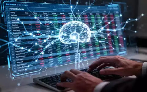 Eine futuristische, leuchtende neuronale Netzwerkschnittstelle überlagert eine digitale Finanzübersicht, mit Händen, die eine Tastatur bedienen. - Foto: über boerse-global.de
