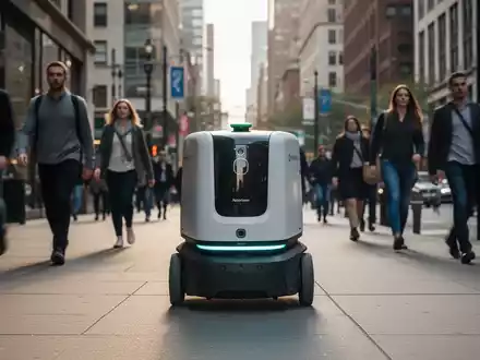 Ein autonomer Lieferroboter mit elegantem Design auf einem belebten Bürgersteig, im Hintergrund Fußgänger und Gebäude. - Foto: über boerse-global.de