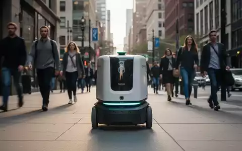 Ein autonomer Lieferroboter mit elegantem Design auf einem belebten Bürgersteig, im Hintergrund Fußgänger und Gebäude. - Foto: über boerse-global.de