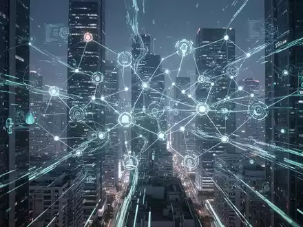 Abstrakte Darstellung einer futuristischen Stadt mit leuchtenden Datenströmen und verbundenen Knoten, die KI-Automatisierung symbolisieren. - Foto: über boerse-global.de