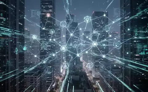Abstrakte Darstellung einer futuristischen Stadt mit leuchtenden Datenströmen und verbundenen Knoten, die KI-Automatisierung symbolisieren. - Foto: über boerse-global.de