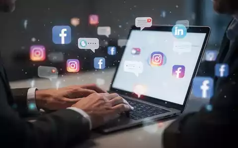Hände tippen auf einem Laptop, umgeben von verschwommenen digitalen Ablenkungen wie Social-Media-Symbolen und Benachrichtigungsblasen. - Foto: über boerse-global.de
