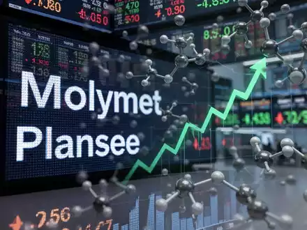 Ein Börsenticker zeigt die Namen Molymet und Plansee mit steigenden Aktienwerten, im Hintergrund ein Finanzhandelsraum. - Foto: über boerse-global.de
