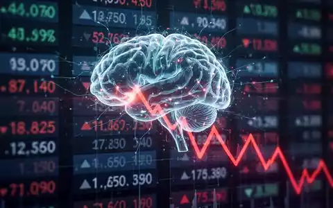 Leuchtendes KI-Gehirn-Symbol über unscharfem Aktienticker mit Abwärtstrend, symbolisiert Googles KI-Verzögerung und Marktreaktion. - Foto: über boerse-global.de
