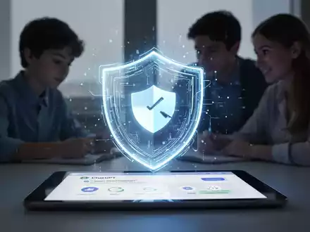 Digitales Schildsymbol über einem Tablet mit ChatGPT, Silhouetten von Eltern und Schüler, für Jugendsicherheit und Kindersicherung. - Foto: über boerse-global.de