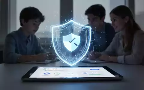 Digitales Schildsymbol über einem Tablet mit ChatGPT, Silhouetten von Eltern und Schüler, für Jugendsicherheit und Kindersicherung. - Foto: über boerse-global.de