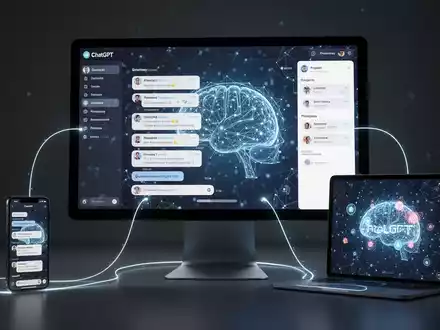 Ein Desktop-Bildschirm zeigt die ChatGPT-Oberfläche, mit leuchtenden Linien zu Smartphone und Tablet, die synchronisierte Gesprächsverläufe und plattformübergreifende Integration symbolisieren. - Foto: über boerse-global.de