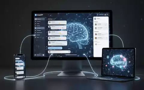 Ein Desktop-Bildschirm zeigt die ChatGPT-Oberfläche, mit leuchtenden Linien zu Smartphone und Tablet, die synchronisierte Gesprächsverläufe und plattformübergreifende Integration symbolisieren. - Foto: über boerse-global.de