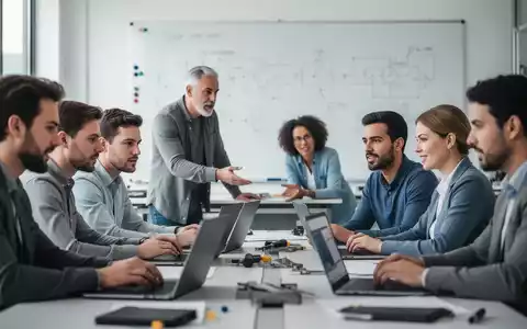 Eine Gruppe Erwachsener nimmt an einer beruflichen Weiterbildung teil, sitzt an Tischen mit Laptops und diskutiert. - Foto: über boerse-global.de