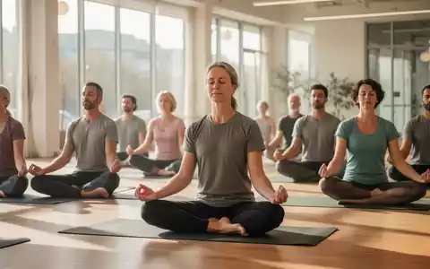 Eine Gruppe von Erwachsenen nimmt an einem Achtsamkeits- oder Yoga-Kurs teil, mit Fokus auf Entspannung und innere Ruhe. - Foto: über boerse-global.de