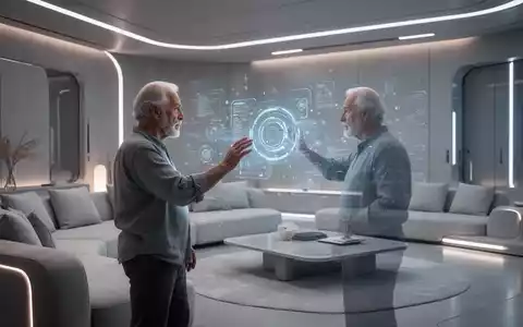 Ältere Person interagiert mit digitaler Schnittstelle in modernem Wohnzimmer, symbolisiert häusliche Pflege und KI. - Foto: über boerse-global.de