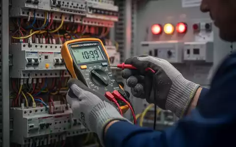 Nahaufnahme der Hände eines Elektrikers mit Schutzhandschuhen, der mit einem Multimeter elektrische Leitungen prüft. - Foto: über boerse-global.de