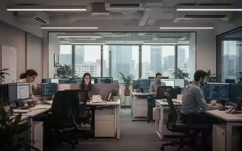 Ein modernes, klimatisiertes Büro mit Mitarbeitern, die an ihren Schreibtischen arbeiten, symbolisiert Produktivität trotz Sommerhitze. - Foto: über boerse-global.de