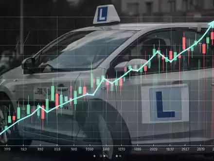 Eine stilisierte, moderne Börsenchart überlagert ein Fahrschulauto mit 'L'-Schild, symbolisiert positive Analystenbewertung. - Foto: über boerse-global.de