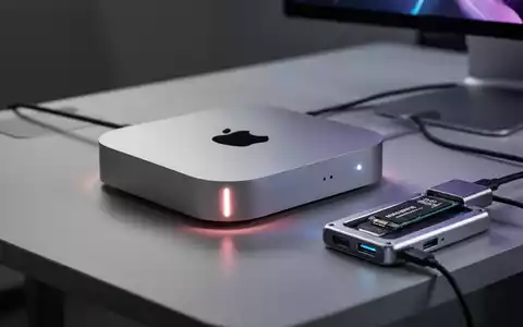 Schlanker Apple Mac Mini M4 auf einem Schreibtisch, mit USB-C-Hub und NVMe-SSD-Gehäuse für erweiterte Nutzung. - Foto: über boerse-global.de