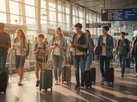 Eine vielfältige Gruppe von Menschen, darunter Familien und Studenten, an einem geschäftigen Flughafen oder Bahnhof mit Gepäck. - Foto: über boerse-global.de