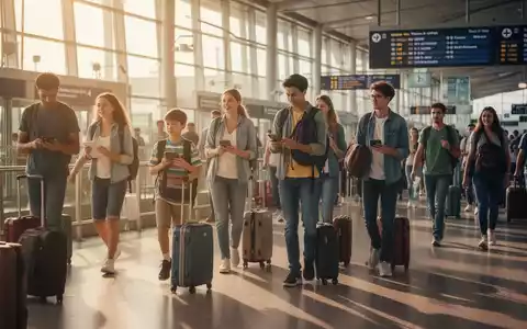 Eine vielfältige Gruppe von Menschen, darunter Familien und Studenten, an einem geschäftigen Flughafen oder Bahnhof mit Gepäck. - Foto: über boerse-global.de
