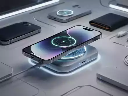 Ein modernes Smartphone lädt kabellos auf einer Powerbank, umgeben von Zubehör wie Magnet-Wallet und Ladekabeln. - Foto: über boerse-global.de