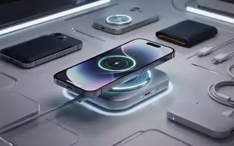 Ein modernes Smartphone lädt kabellos auf einer Powerbank, umgeben von Zubehör wie Magnet-Wallet und Ladekabeln. - Foto: über boerse-global.de