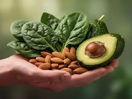 Eine Hand hält eine Auswahl magnesiumreicher Lebensmittel wie Spinat, Mandeln und Avocados, vor einem weichen Hintergrund. - Foto: über boerse-global.de