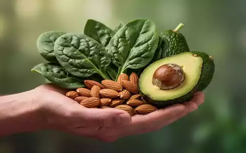 Eine Hand hält eine Auswahl magnesiumreicher Lebensmittel wie Spinat, Mandeln und Avocados, vor einem weichen Hintergrund. - Foto: über boerse-global.de
