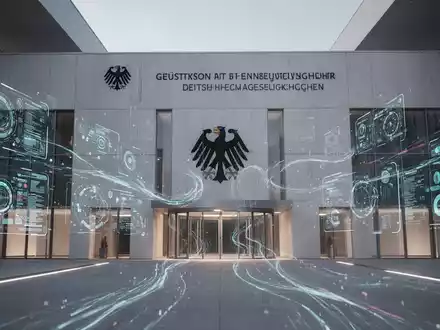 Futuristische deutsche Regierungsfassade mit digitalen Schnittstellen und Datenströmen, die Effizienz und Modernisierung symbolisieren. - Foto: über boerse-global.de