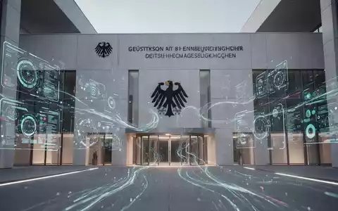 Futuristische deutsche Regierungsfassade mit digitalen Schnittstellen und Datenströmen, die Effizienz und Modernisierung symbolisieren. - Foto: über boerse-global.de