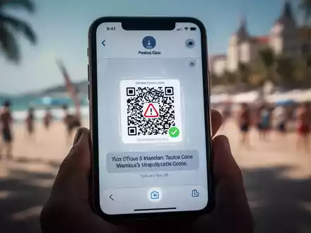 Ein Smartphone-Bildschirm zeigt einen schädlichen QR-Code vor dem verschwommenen Hintergrund eines Urlaubsortes. Der Bildschirm leuchtet. - Foto: über boerse-global.de