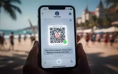 Ein Smartphone-Bildschirm zeigt einen schädlichen QR-Code vor dem verschwommenen Hintergrund eines Urlaubsortes. Der Bildschirm leuchtet. - Foto: über boerse-global.de