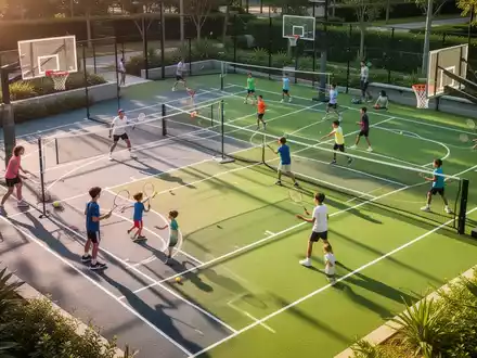 Eine moderne Multifunktions-Sportanlage mit Kindern und Erwachsenen beim Sport wie Badminton und Tennis unter Sonnenlicht. - Foto: über boerse-global.de