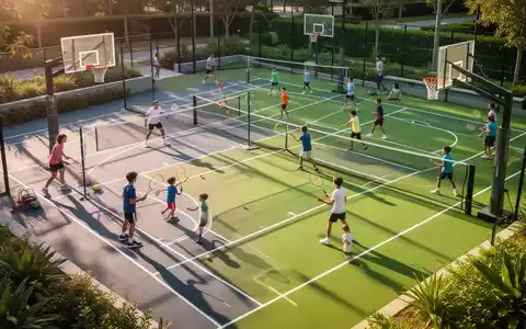 Eine moderne Multifunktions-Sportanlage mit Kindern und Erwachsenen beim Sport wie Badminton und Tennis unter Sonnenlicht. - Foto: über boerse-global.de