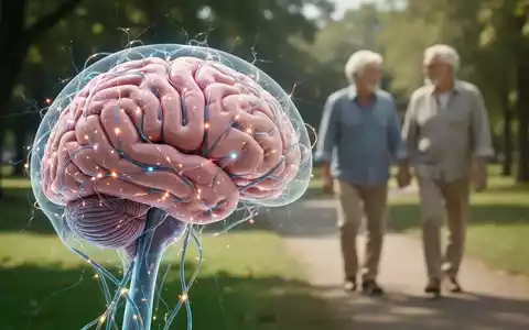 Ein detailliertes Modell eines Gehirns mit leuchtenden Neuronenbahnen, im Hintergrund ein unscharfes Bild eines aktiven Seniorenpaares. - Foto: über boerse-global.de