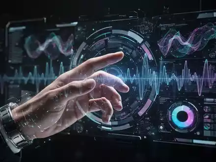 Eine menschliche Hand interagiert mit einer holografischen Schnittstelle, die abstrakte Daten und eine Siri-Wellenform zeigt, was KI-Steuerung darstellt. - Foto: über boerse-global.de
