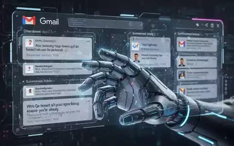 Eine Hand interagiert mit einer holografischen Gmail-Oberfläche, die KI-Entwürfe und zusammengefasste Posteingänge zeigt. - Foto: über boerse-global.de