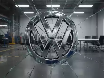 Ein zerbrochenes VW-Emblem aus Glas, das ein verschwommenes Fabrik und einen leeren Besprechungsraum widerspiegelt. - Foto: über boerse-global.de
