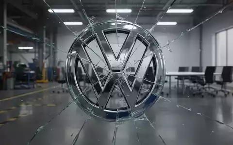 Ein zerbrochenes VW-Emblem aus Glas, das ein verschwommenes Fabrik und einen leeren Besprechungsraum widerspiegelt. - Foto: über boerse-global.de