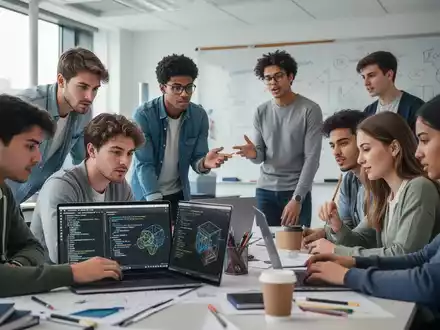 Eine Gruppe von Studierenden arbeitet konzentriert an Laptops in einem modernen Universitätsklassenzimmer, diskutiert und notiert Ideen. - Foto: über boerse-global.de