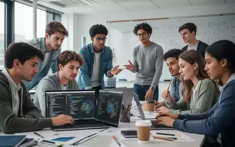 Eine Gruppe von Studierenden arbeitet konzentriert an Laptops in einem modernen Universitätsklassenzimmer, diskutiert und notiert Ideen. - Foto: über boerse-global.de