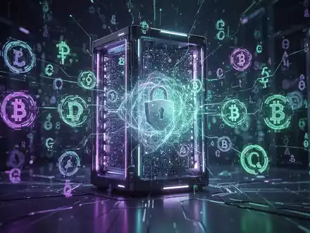 Eine futuristische Schnittstelle eines Quantencomputers, die mit abstrakten kryptografischen Symbolen verschmilzt. - Foto: über boerse-global.de