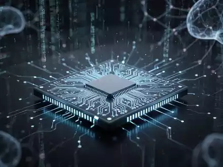 Nahaufnahme eines leuchtenden, futuristischen Siliziumchips mit komplexen Schaltkreisen auf einer dunklen, reflektierenden Oberfläche, umgeben von verschwommenen digitalen Datenströmen. - Foto: über boerse-global.de