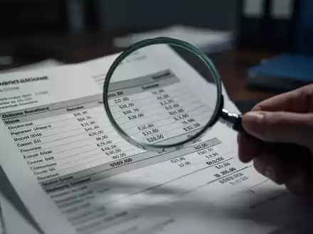Eine Hand hält eine Lupe über eine Rechnung mit verschwommenen Zahlen, im Hintergrund ein dunkles Büro. Fokus auf Finanzbetrug. - Foto: über boerse-global.de