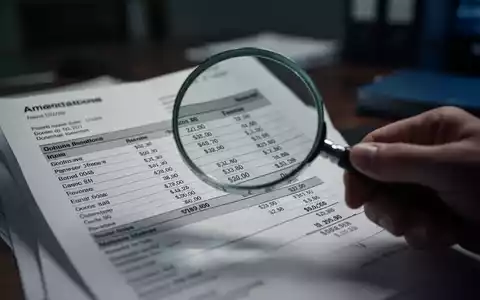 Eine Hand hält eine Lupe über eine Rechnung mit verschwommenen Zahlen, im Hintergrund ein dunkles Büro. Fokus auf Finanzbetrug. - Foto: über boerse-global.de