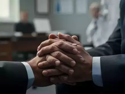 Hände einer Person, die nachdenklich gefaltet sind, mit einem unscharfen Hintergrund, der ein Therapiezimmer andeutet. - Foto: über boerse-global.de